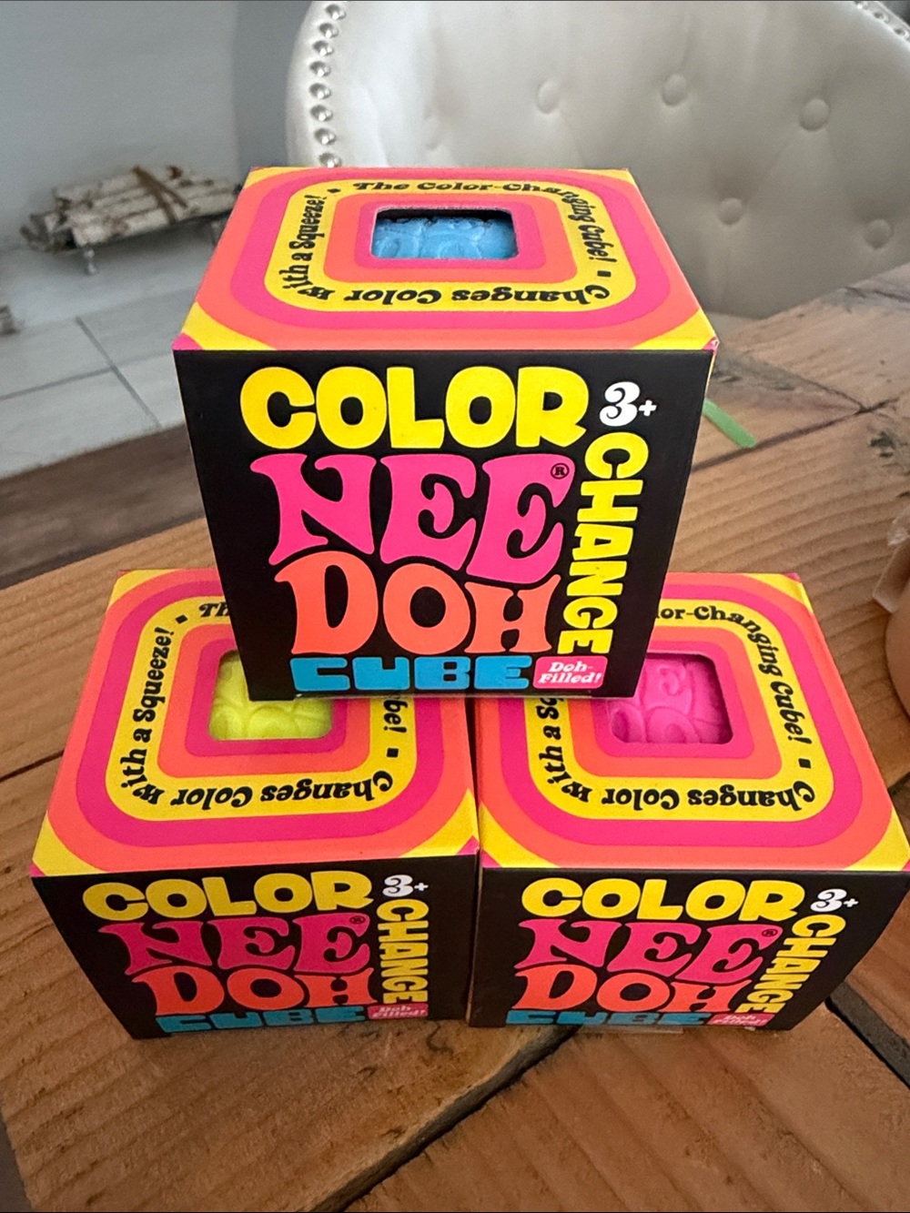THREE 3 NeeDoh Color-Changing Cubes- Pink, Blue, Yellow Authentic